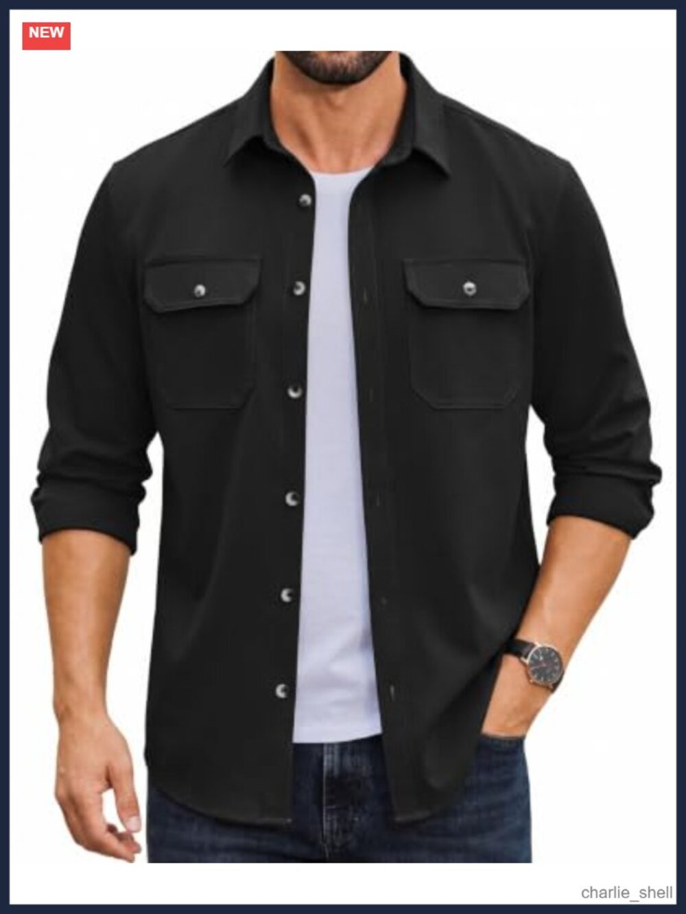 Men's Long Sleeve Button Up Work Shirt Jacket Overshirt Dual Pockets